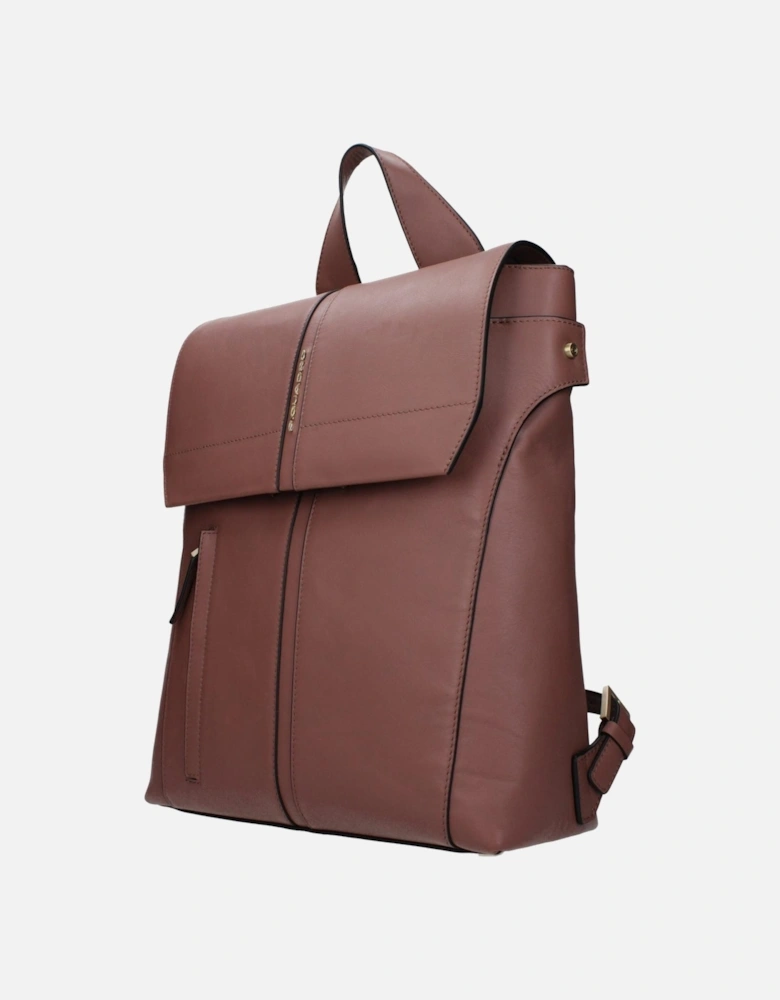 Leather Backpack with Adjustable Straps and Logos Women - Brown