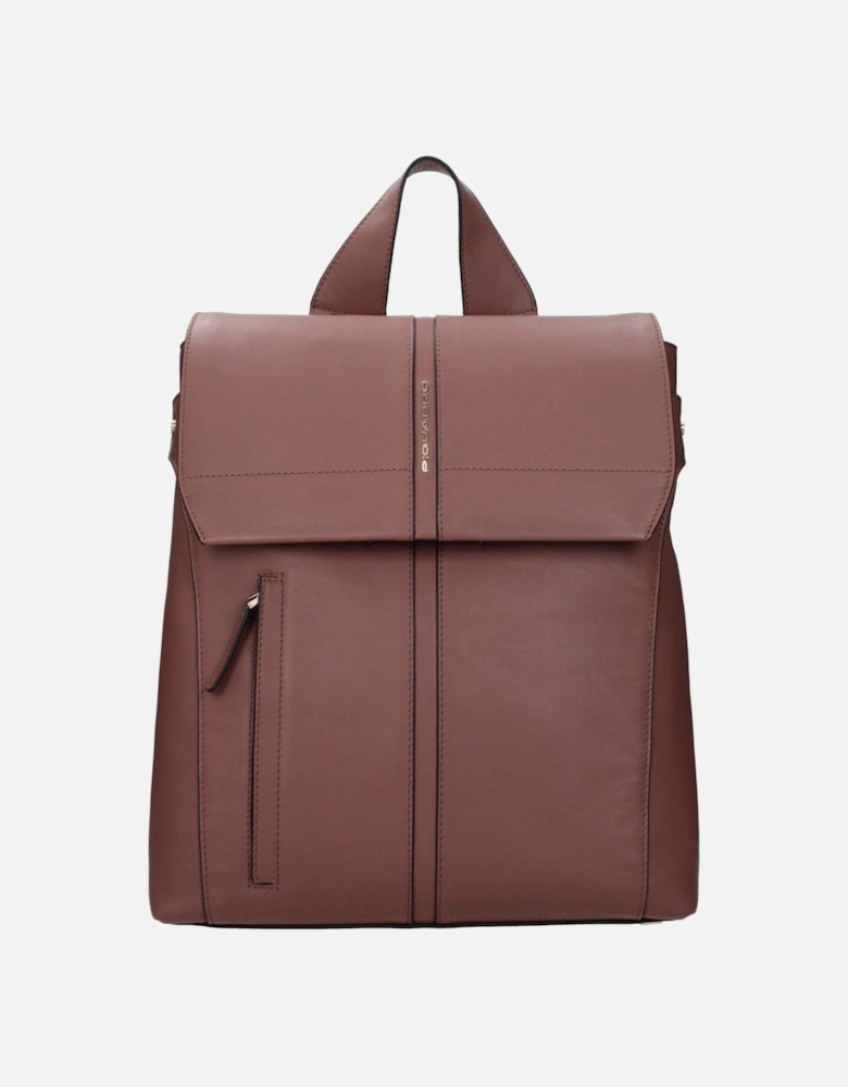 Leather Backpack with Adjustable Straps and Logos Women - Brown