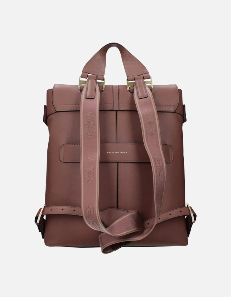 Leather Backpack with Adjustable Straps and Logos Women - Brown