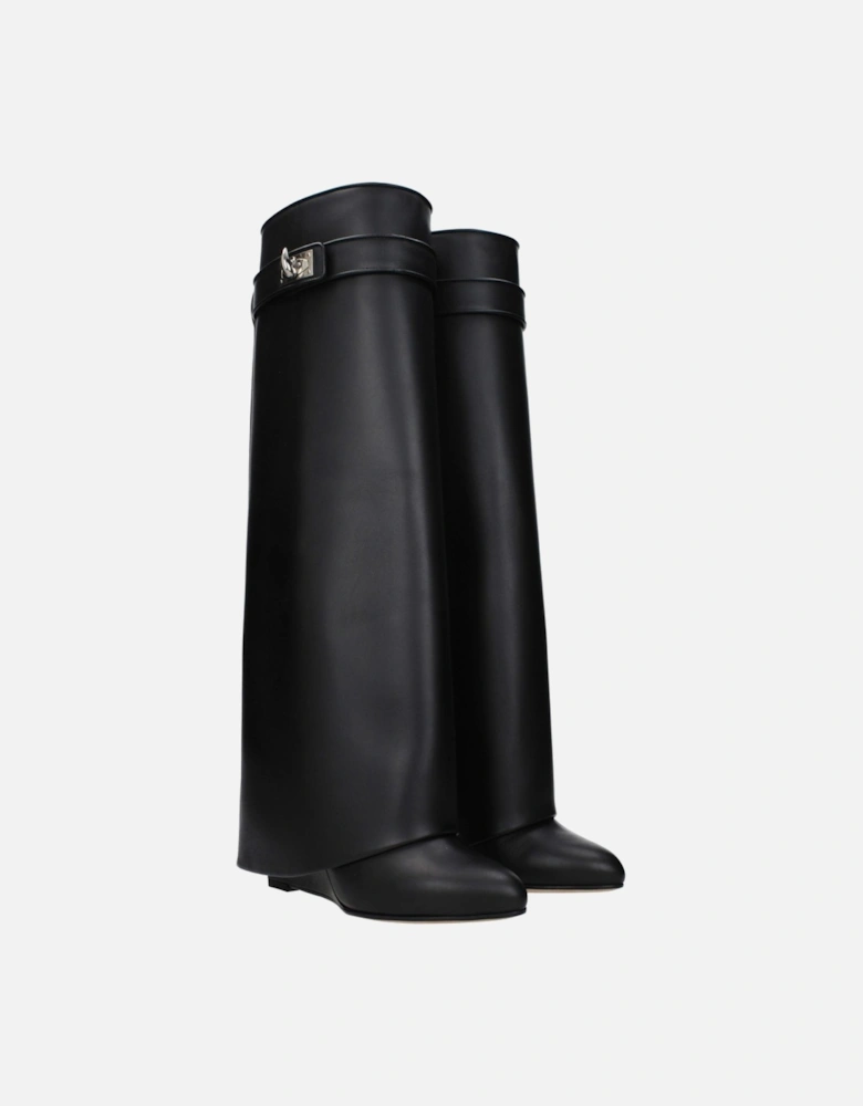 Pointy Toe Wedge Heel Leather Boots Women - Black