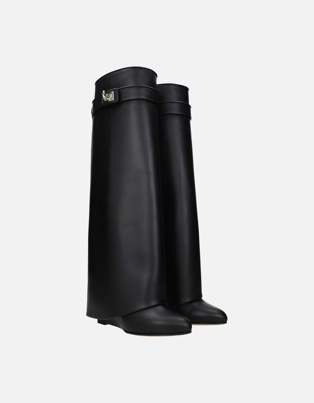 Pointy Toe Wedge Heel Leather Boots Women - Black