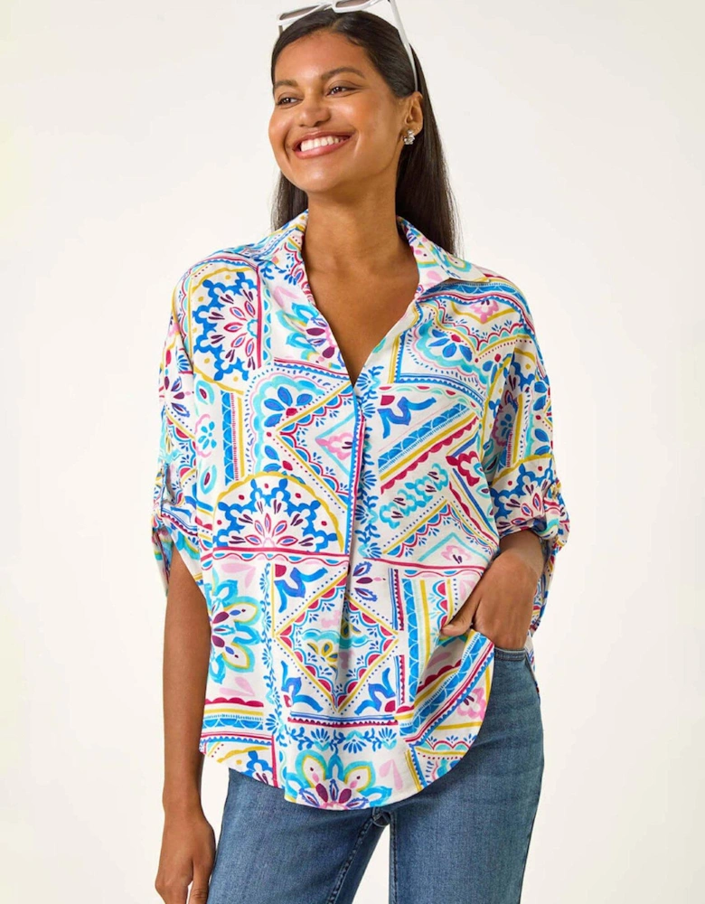 Tile Print Collared Shirt - Blue