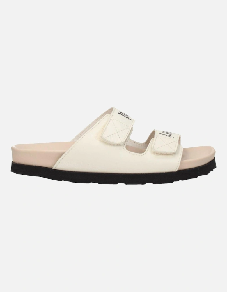 Leather Sandals with Front Logo and Strap Closure Women - Beige