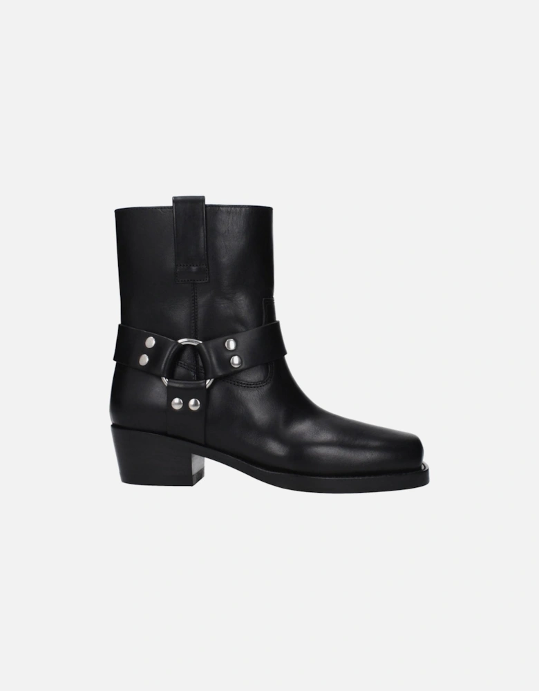 Square Toe Leather Ankle Boots with Mid Heels Women - Black