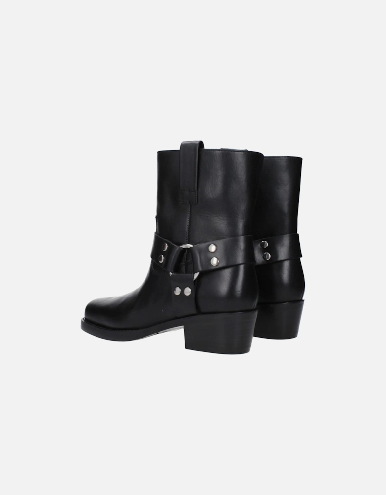 Square Toe Leather Ankle Boots with Mid Heels Women - Black