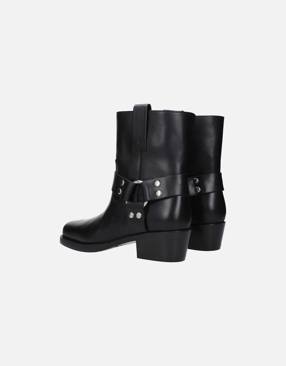 Square Toe Leather Ankle Boots with Mid Heels Women - Black
