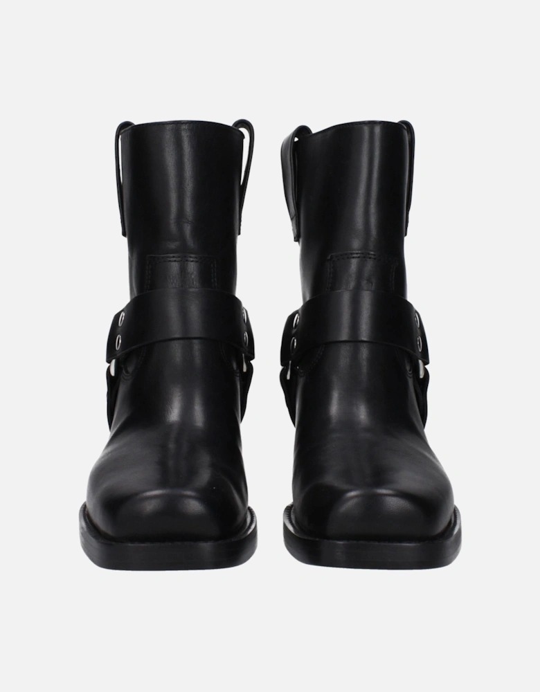 Square Toe Leather Ankle Boots with Mid Heels Women - Black