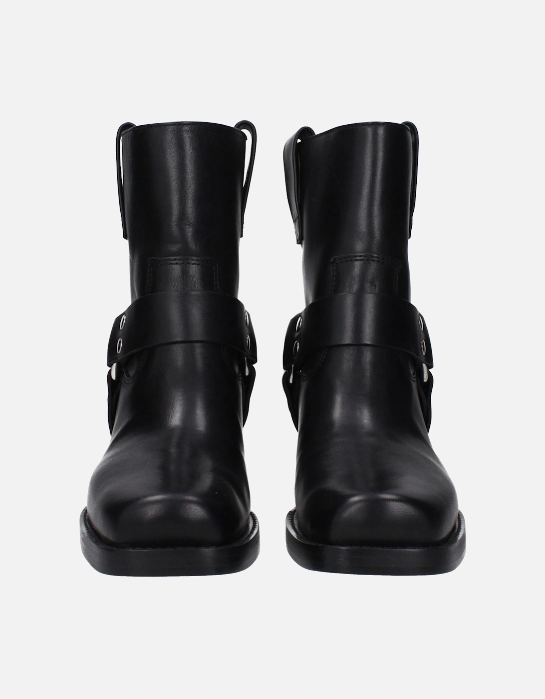 Square Toe Leather Ankle Boots with Mid Heels Women - Black