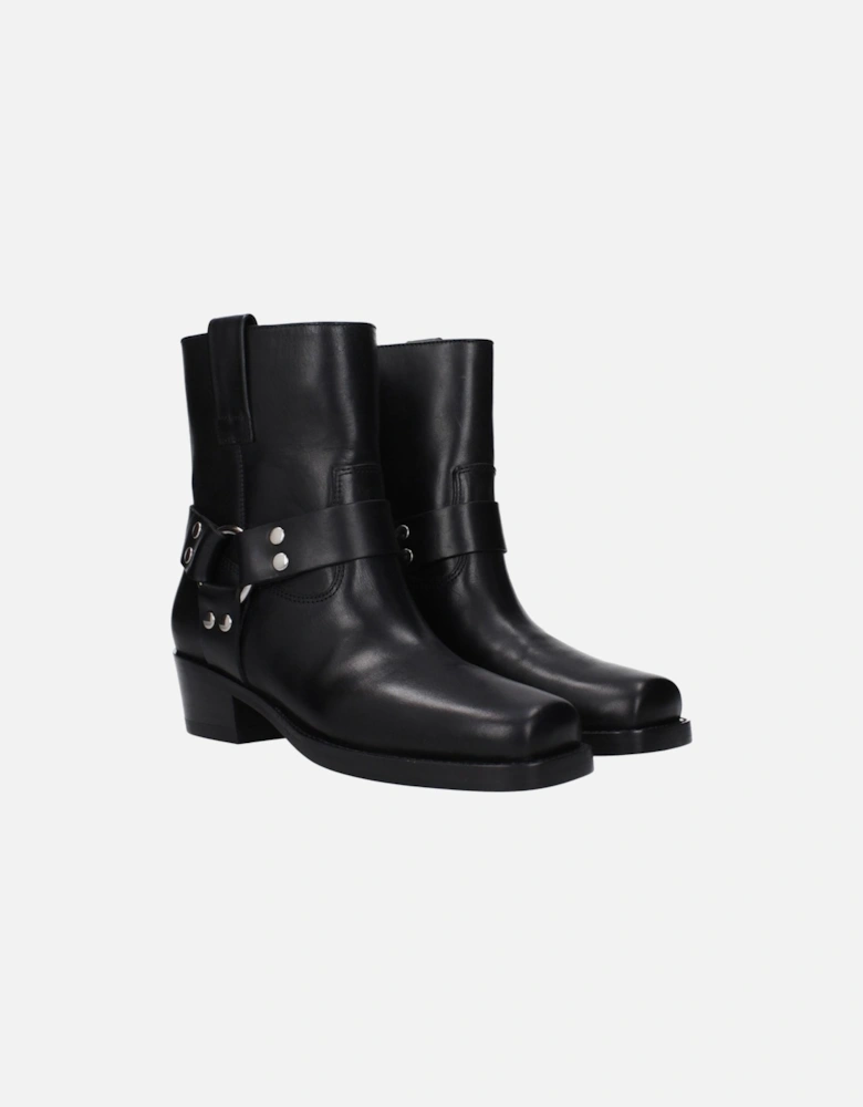 Square Toe Leather Ankle Boots with Mid Heels Women - Black