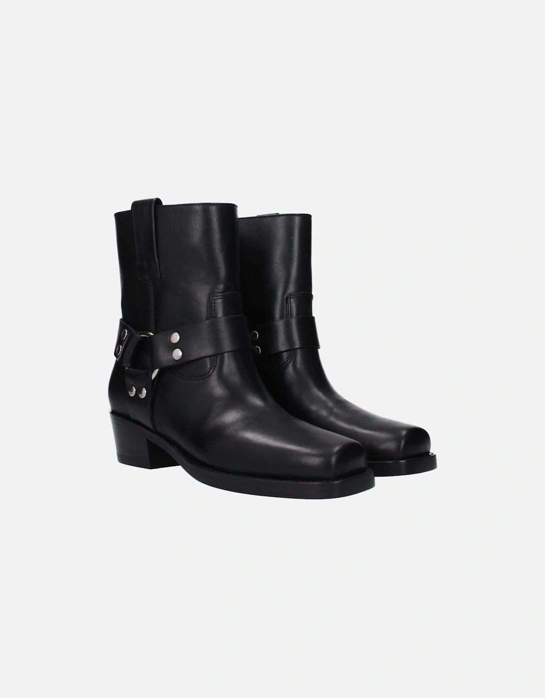Square Toe Leather Ankle Boots with Mid Heels Women - Black
