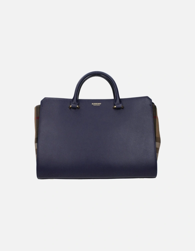 Leather Handbag with Front Logo and Adjustable Strap Women - Blue