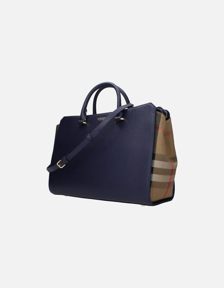 Leather Handbag with Front Logo and Adjustable Strap Women - Blue