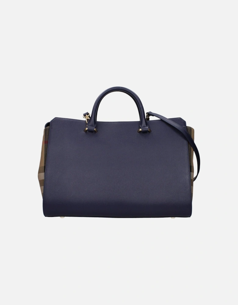 Leather Handbag with Front Logo and Adjustable Strap Women - Blue