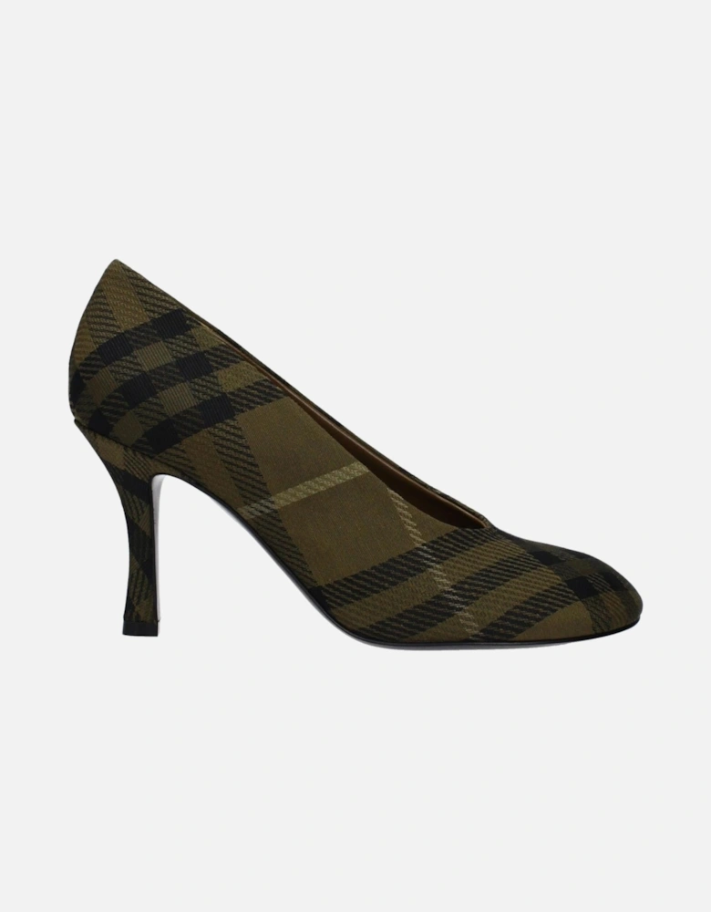 Check Print Fabric Mid Heel Pumps Women - Green Brooches