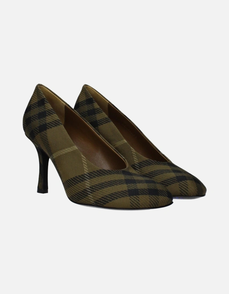 Check Print Fabric Mid Heel Pumps Women - Green Brooches