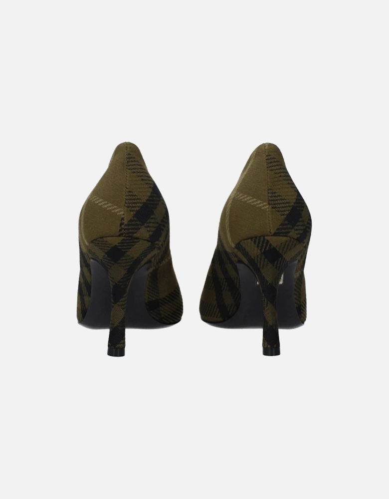 Check Print Fabric Mid Heel Pumps Women - Green Brooches