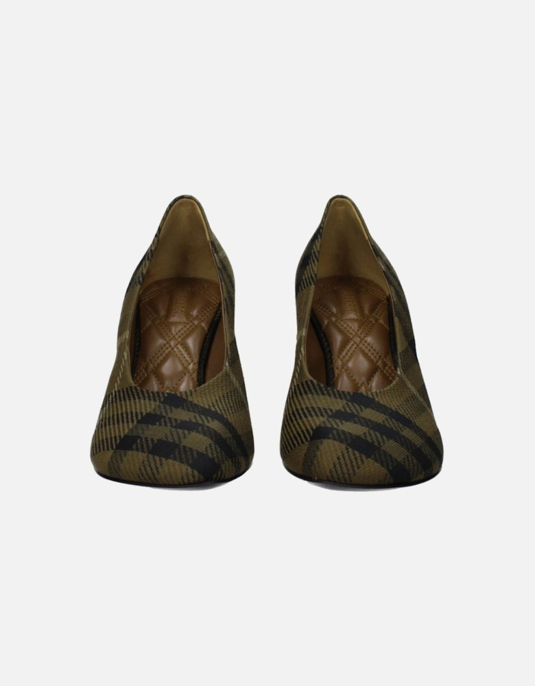 Check Print Fabric Mid Heel Pumps Women - Green Brooches