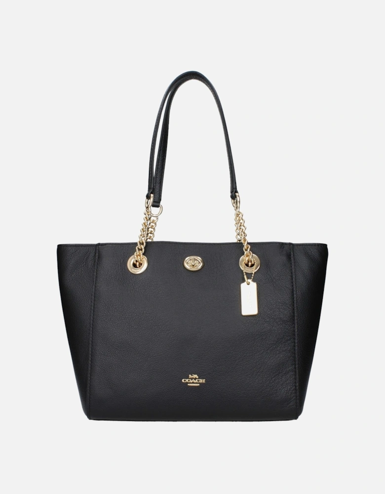 Leather Shoulder Bag with Front Logo and Zip Closure Women - Black