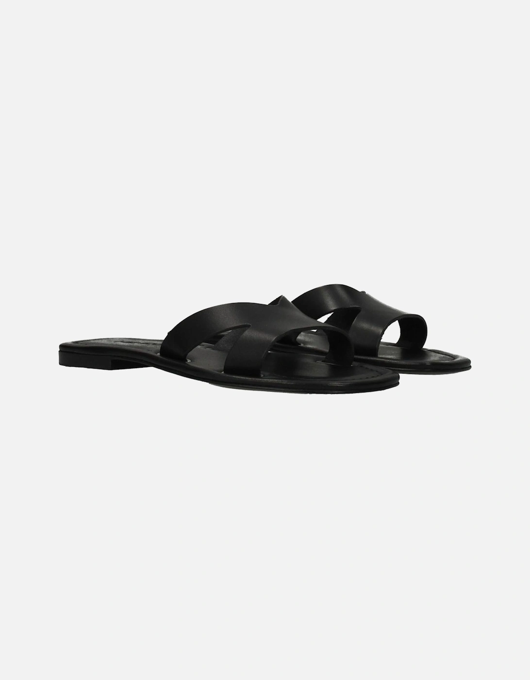 Leather Open Toe Slippers with Flat Heel Women - Black Sandals