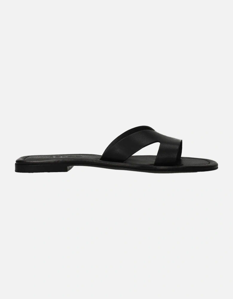 Leather Open Toe Slippers with Flat Heel Women - Black Sandals