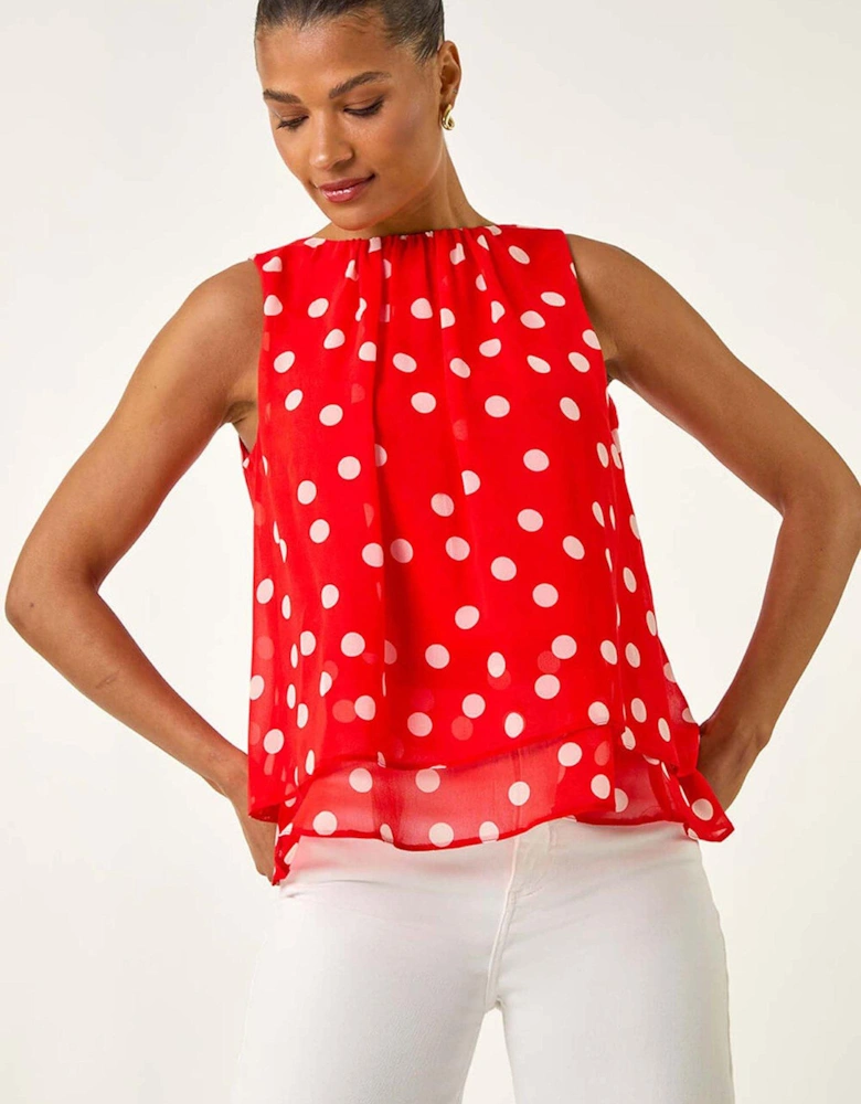 Spot Print Double Layered Pleated Top - Red