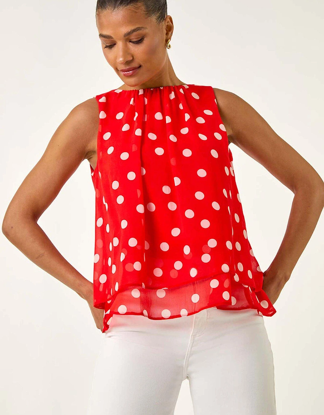 Spot Print Double Layered Pleated Top - Red, 2 of 1