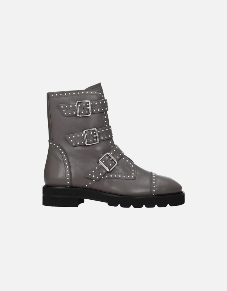 Beaded Leather Ankle Boots with Buckle Closure Women - Gray