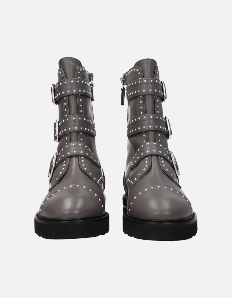Beaded Leather Ankle Boots with Buckle Closure Women - Gray