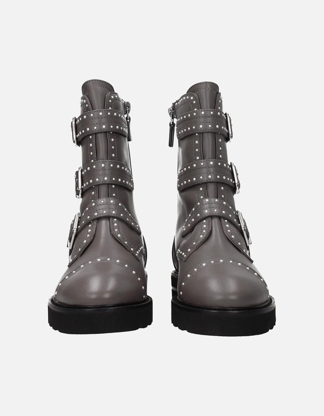 Beaded Leather Ankle Boots with Buckle Closure Women - Gray
