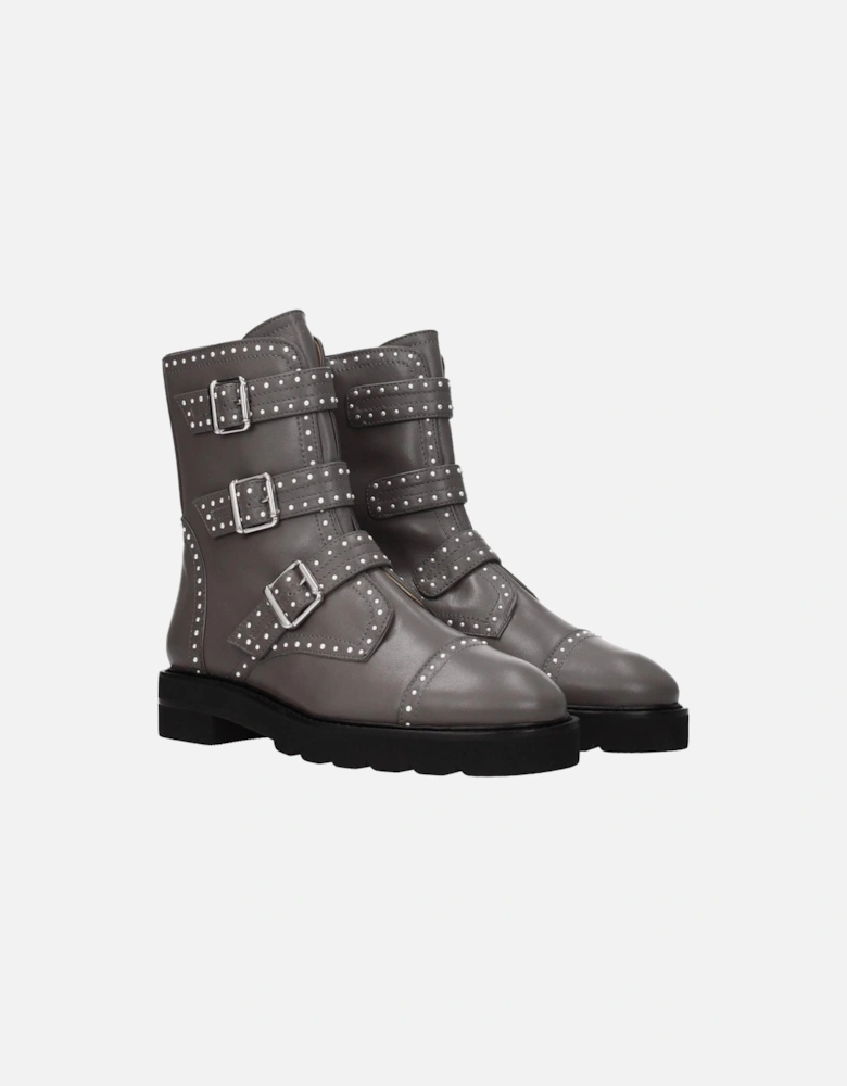 Beaded Leather Ankle Boots with Buckle Closure Women - Gray