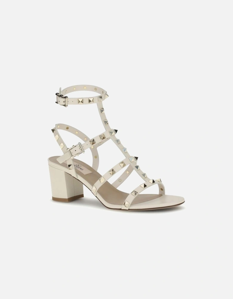Rockstud Leather Sandals with Chunky Heel Women - Cream