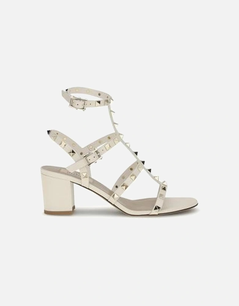 Rockstud Leather Sandals with Chunky Heel Women - Cream