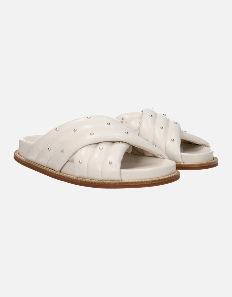 Studded Leather Open Toe Slippers Women - Beige Sandals