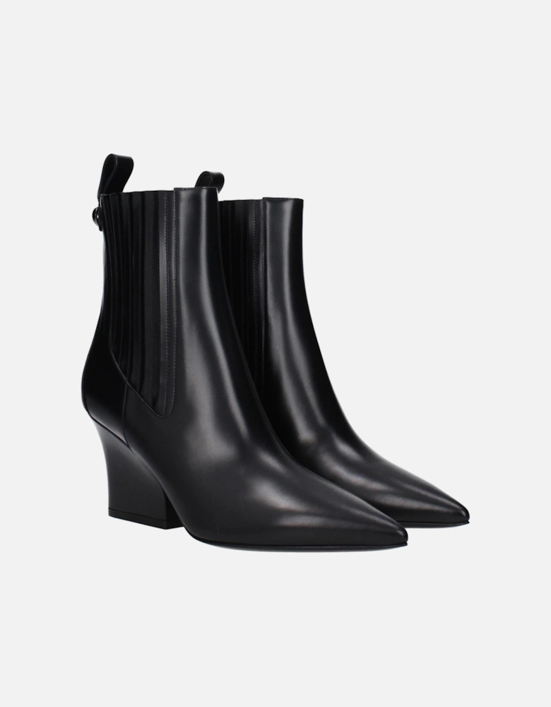 Leather Pointy Toe Mid Heel Ankle Boots Women - Black