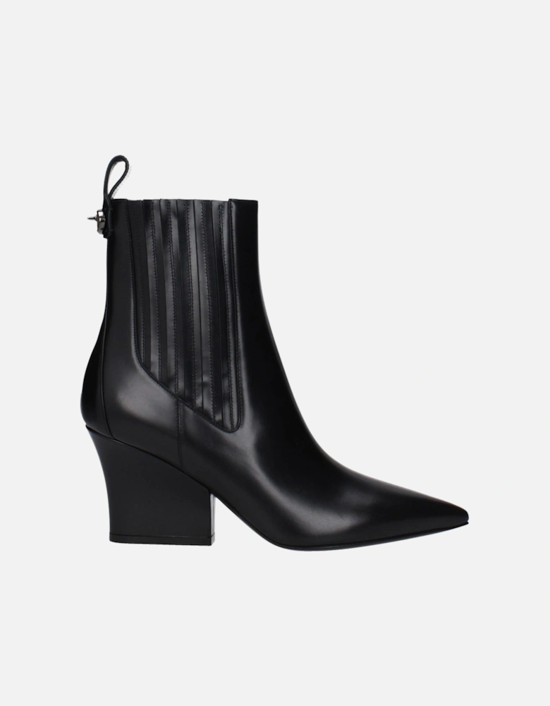 Leather Pointy Toe Mid Heel Ankle Boots Women - Black