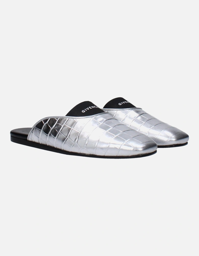 Leather Square Toe Logo Slippers Women - Gray Sandals