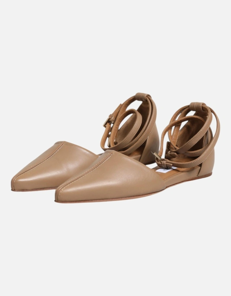 Wrap Ankle Strap Leather Ballet Flats Women - Beige Flat Shoes