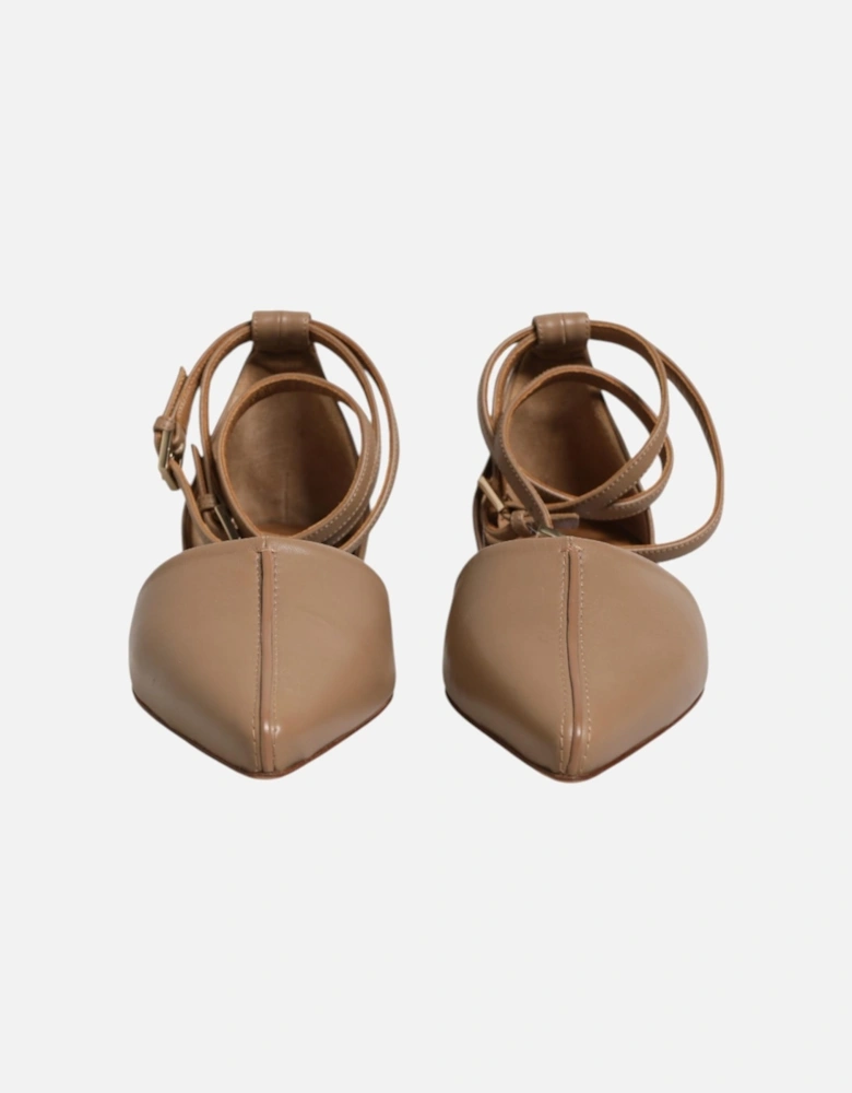 Wrap Ankle Strap Leather Ballet Flats Women - Beige Flat Shoes