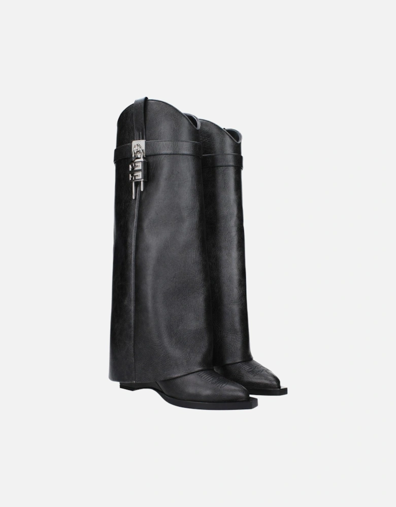 Vintage Effect Leather Wedge Boots with Side Logo Women - Black