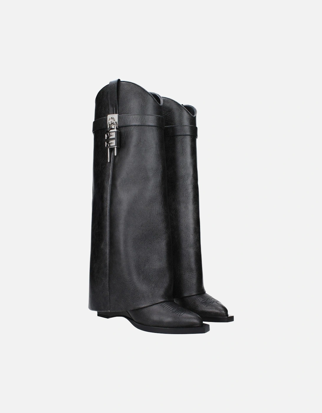 Vintage Effect Leather Wedge Boots with Side Logo Women - Black