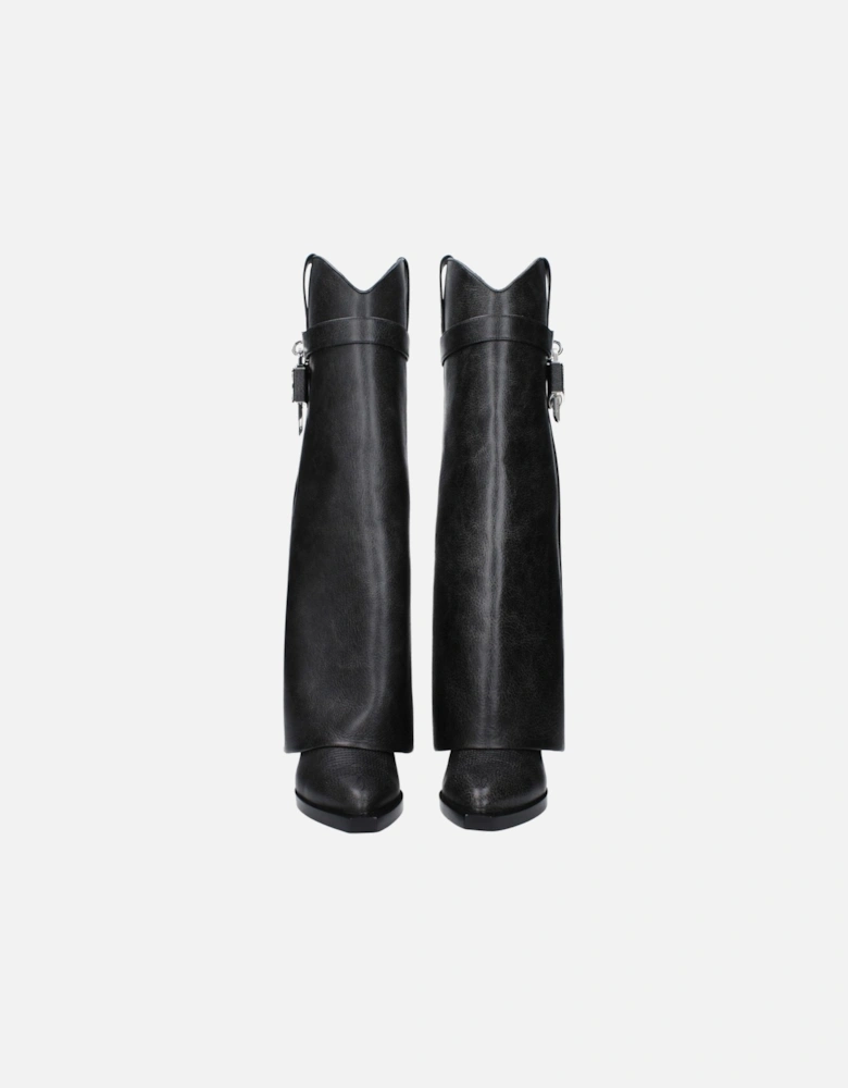 Vintage Effect Leather Wedge Boots with Side Logo Women - Black