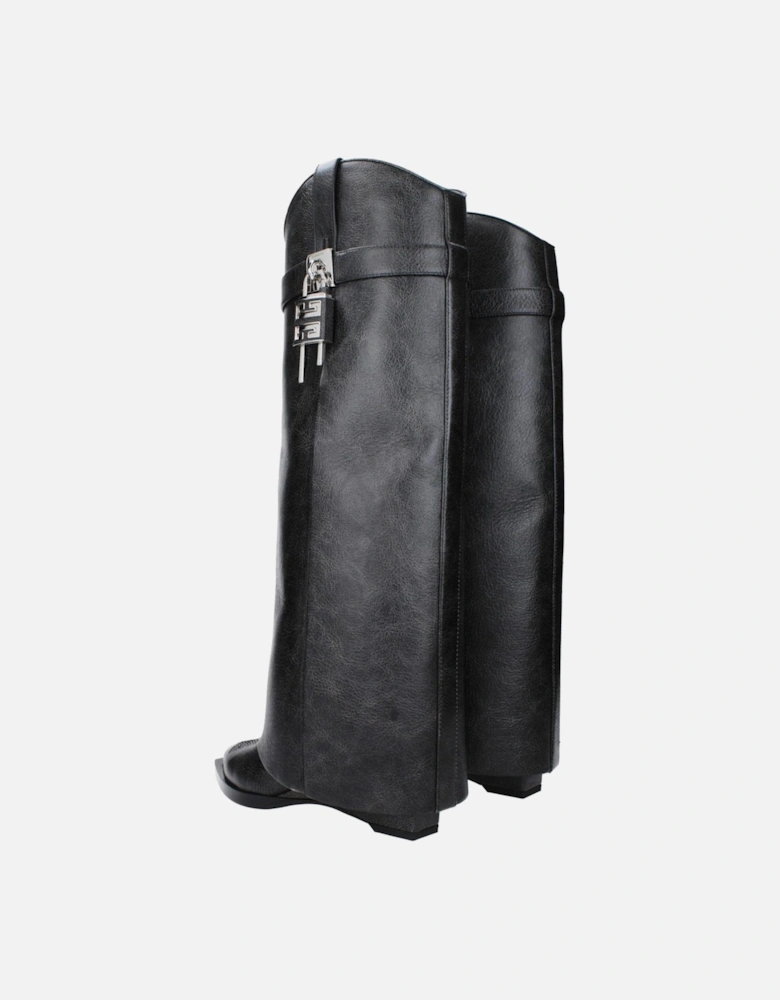Vintage Effect Leather Wedge Boots with Side Logo Women - Black