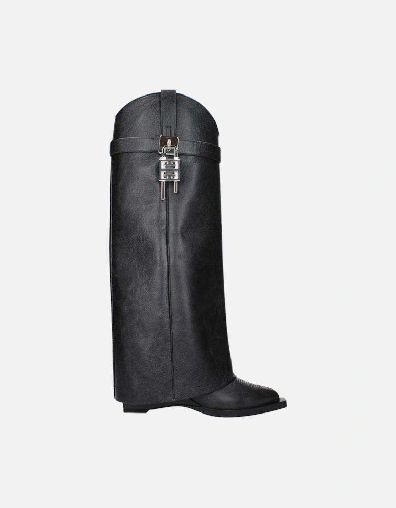Vintage Effect Leather Wedge Boots with Side Logo Women - Black
