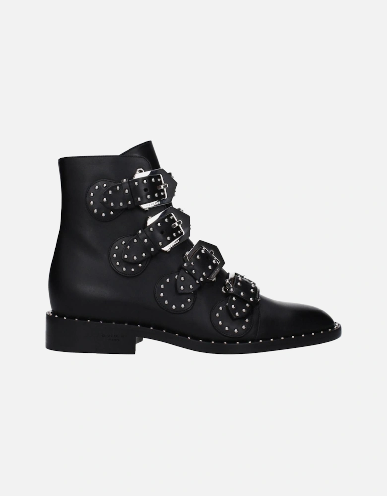 Studded Leather Ankle Boots with Buckle Closure Women - Black