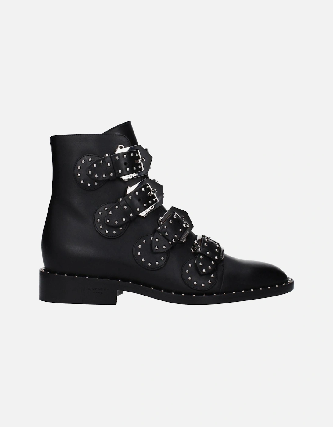Studded Leather Ankle Boots with Buckle Closure Women - Black, 6 of 5