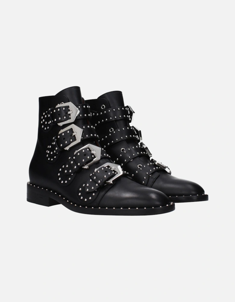 Studded Leather Ankle Boots with Buckle Closure Women - Black