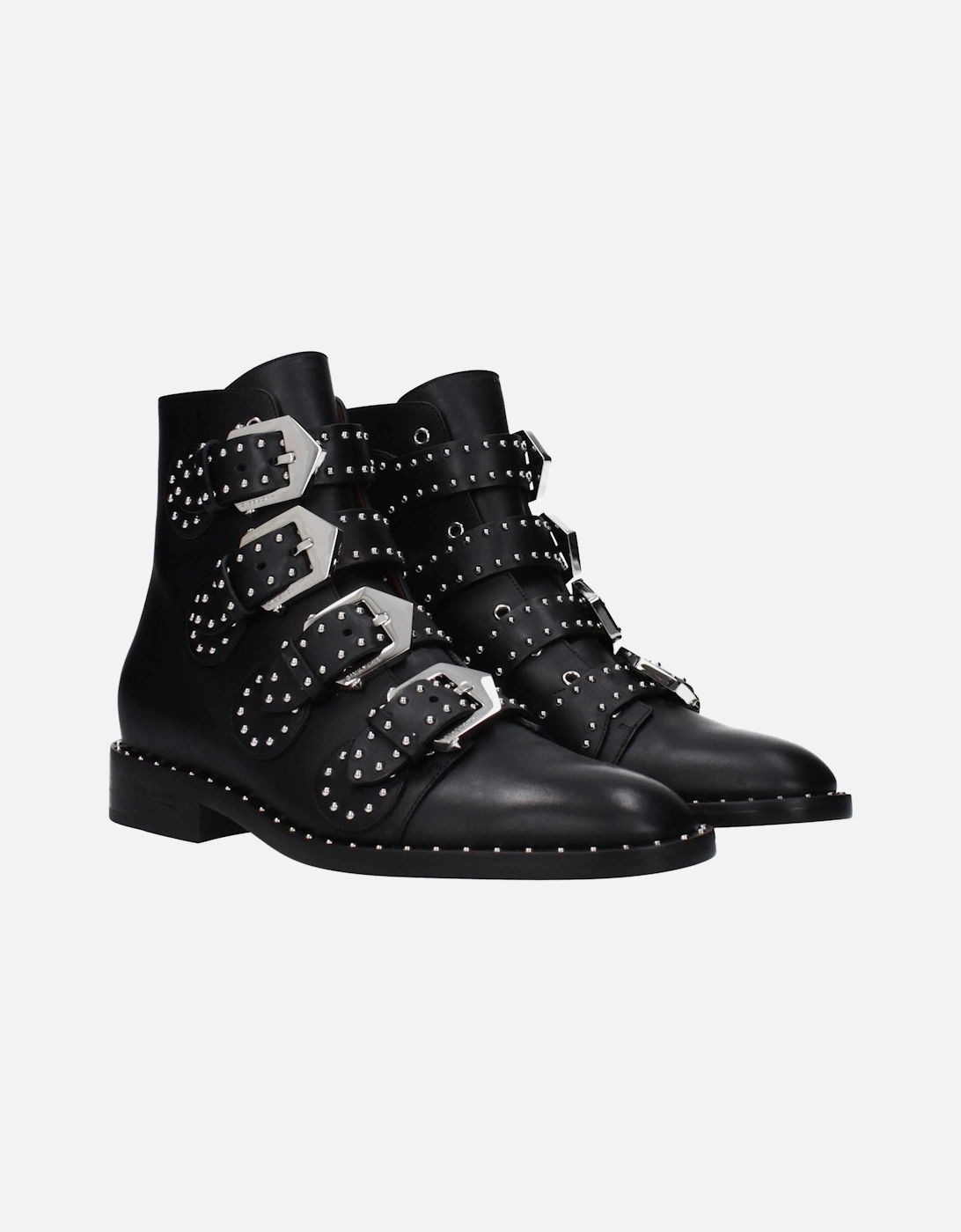 Studded Leather Ankle Boots with Buckle Closure Women - Black