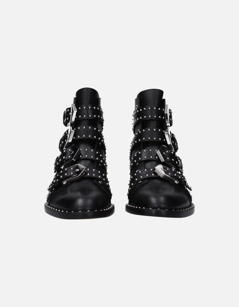 Studded Leather Ankle Boots with Buckle Closure Women - Black
