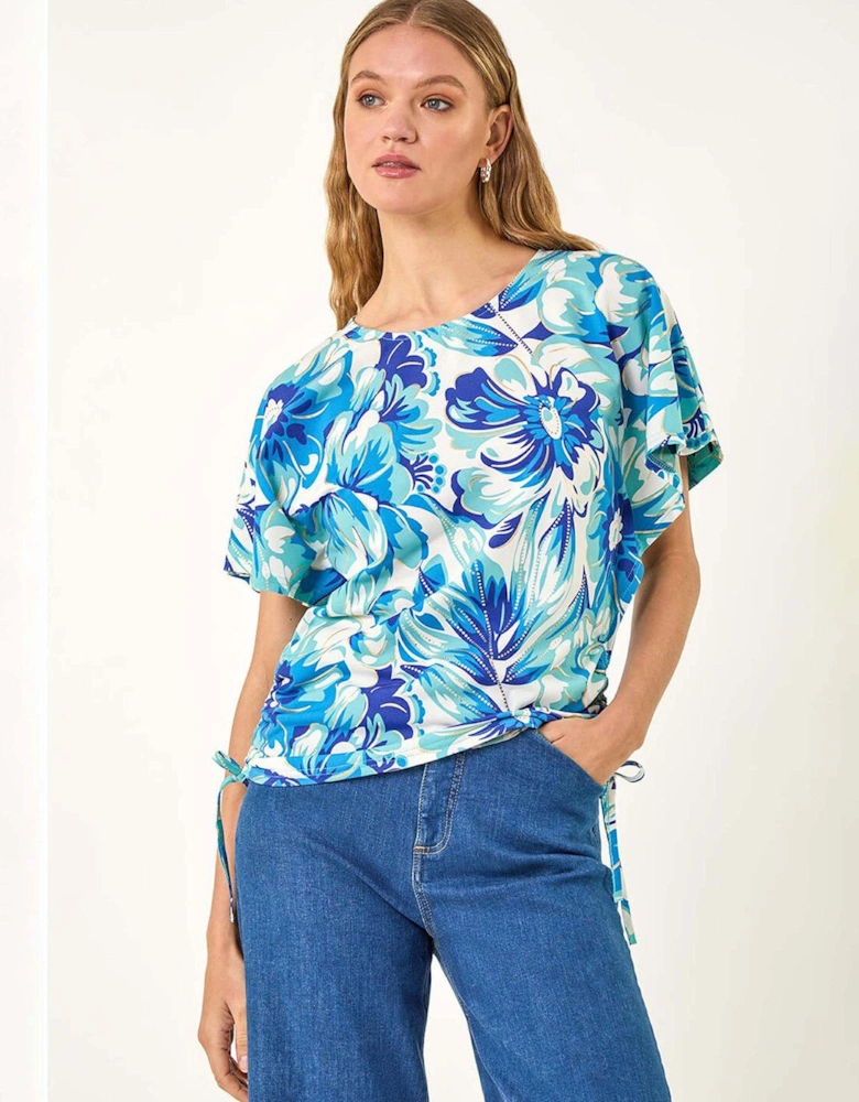 Abstract Ruched Side Stretch Top - Blue