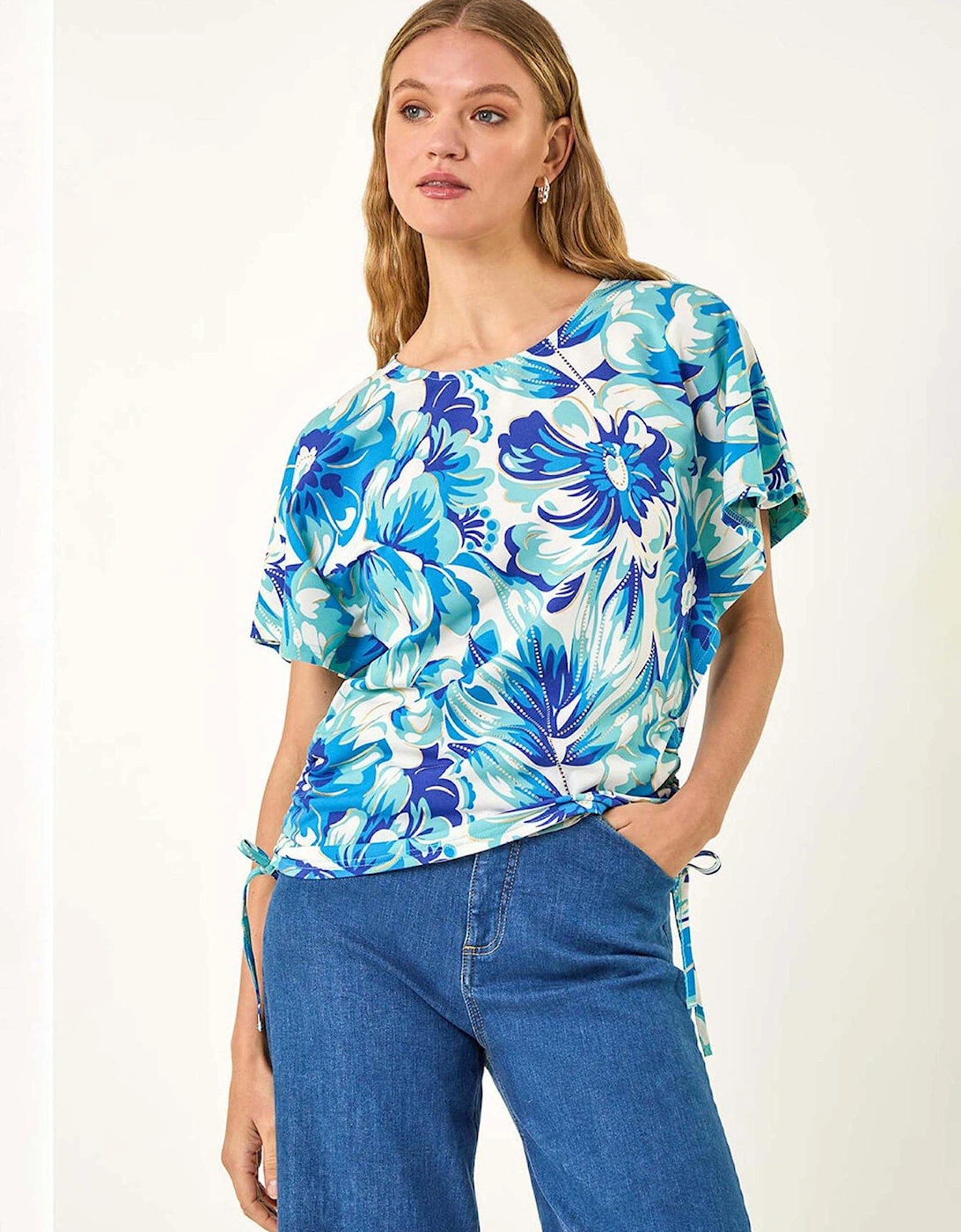 Abstract Ruched Side Stretch Top - Blue, 2 of 1
